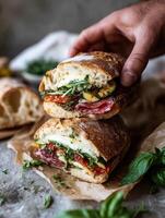 realista comida foto de un rústico emparedado hecho con crujiente artesano pan, rebanado salami, Derretido queso Mozzarella, A la parrilla verduras, y Fresco Rúcula.