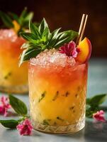 Refreshing summer cocktail with a gradient from amber to pale yellow, served in a cut-glass tumbler filled with crushed ice. photo