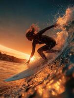 un hembra tablista en un negro traje de neopreno paseos un poderoso ola durante un dramático dorado atardecer, con brillante salpicaduras de agua y fuerte acción movimiento. foto