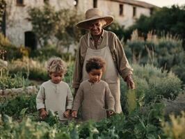 A warm, sunlit scene of an elderly person in a straw hat and linen overalls gardening with two small children in a lush vegetable garden. photo