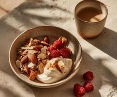 A minimalist ceramic plate with a serving of granola, fresh raspberries, almonds, and a dollop of thick yogurt photo