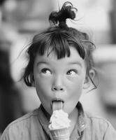 A black-and-white vintage photo of a little girl with a short haircut and a topknot ponytail, licking an ice cream cone with a funny expression, her eyes playfully rolled upward and sideways.