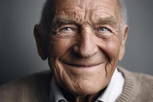 Smiling elderly man with joyful expression in soft lighting photo