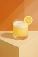 A vibrant lemon cocktail with a foamy top served in a clear cylindrical glass, garnished with a fresh lemon slice on the rim. photo