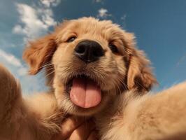 Golden retriever puppy selfie with tongue out photo