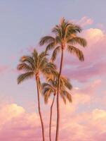 Three tall palm trees standing against a dreamy tropical sky during sunset, their fronds swaying gently in the warm breeze. photo