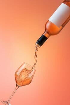 A splash of rose wine being poured from a bottle into a tilted clear wine glass, captured mid-motion with elegant fluid dynamics and bubbles forming. photo
