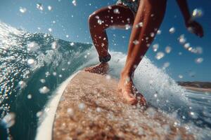 Close-up of a female surfers feet riding a wave on a surfboard, shot from a low rear angle, as if the camera is mounted on the board. photo