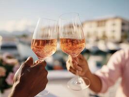Two glasses of rose wine held by a man and a woman, raised in a toast against the backdrop of a seaside marina and bright summer sky. photo