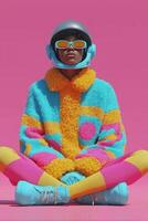 A futuristic fashion editorial image of a woman sitting cross-legged on the ground against a bold pink background. photo