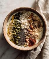 Smoothie bowl with seeds and honey photo
