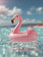 A pink flamingo float drifts in crystal-clear turquoise water under the sun. photo
