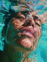 A hyper-realistic underwater close-up of a womans face, eyes gently closed, lips slightly parted, surrounded by shimmering bubbles and turquoise water. photo