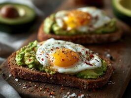 Realistic photograph in natural film style of a slice of whole grain toast topped with mashed avocado and a sunny-side-up fried egg, sprinkled with coarse salt, black pepper, and chili flakes. photo