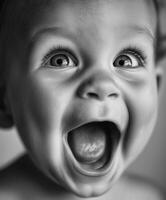 Laughing toddler in black and white portrait photo