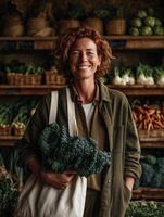 A realistic and cheerful portrait of a smiling red-haired woman standing in front of a rustic vegetable stall at a local farmers market. photo
