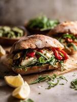 Realistic food photograph of a rustic ciabatta sandwich filled with grilled red peppers, melted mozzarella, marinated artichokes, and fresh arugula. photo