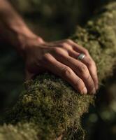A close-up image of a human hand with a silver ring gently resting on a moss-covered tree branch. photo