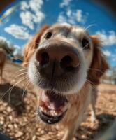 A funny and heartwarming close-up of a golden retriever taken with a fisheye lens. photo