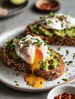 Realistic photo in warm film style of multigrain toast topped with mashed avocado and a poached egg with runny yolk, garnished with fresh chopped chives, chili flakes, and black pepper.