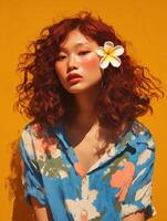 Tropical beauty with flower and curls photo