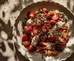 A white scalloped ceramic plate with a vibrant salad of halved cherry tomatoes, sliced strawberries, nuts, microgreens, and a creamy spread, placed on a textured stone surface. photo