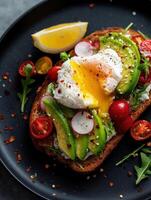 Realistic film-style photo of a delicious open-faced toast topped with a perfectly poached egg with runny yolk, creamy avocado slices, radish circles, cherry tomato halves