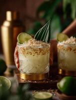 Creamy light beige cocktail in a glass with a golden base, garnished with a slice of lime, a tropical green leaf, and a rim of toasted coconut flakes. photo