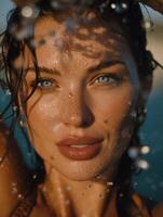A woman with wet hair and sun-kissed skin emerges from the water. Close-up of her face with frozen water droplets scattered across the frame. photo