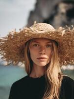 A serene and elegant young woman with long blonde hair wearing a wide-brimmed, slightly messy straw hat, standing near a rocky coastline. photo