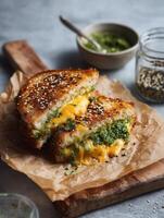 Realistic food photograph of a grilled cheese sandwich with golden toasted crust, melted cheddar cheese oozing out, vibrant green pesto filling, and sesame seeds sprinkled on top. photo