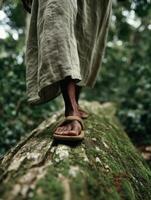 A cinematic photo showing a person wearing rustic sandals and a natural linen dress, carefully walking along a moss-covered log in the forest.