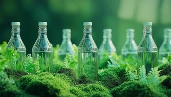 Rumpled empty bottle waste on mossy green grass background photo