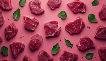Beef steak slice for barbecue arranged pattern with red solid background photo