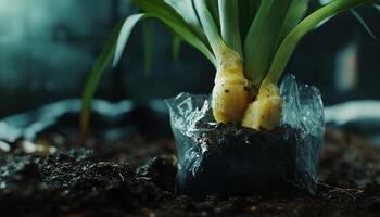 Leek replant on soil growing from cutting tree trunk on dark background photo