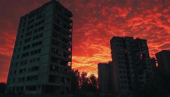 Silhouettes of destroyed urban dirty tall buildings photo