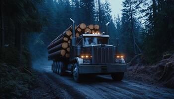 A logging truck loaded with cut tree trunk from forest for transportation photo