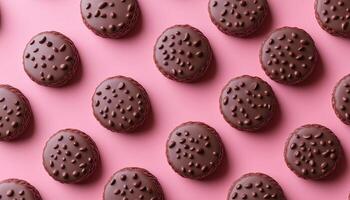 Chocolate biscuit sweet cookies rounded pattern diagonal seamless on pink background photo