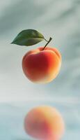Peach fruit and leaf floating on air with shadow reflection story background photo