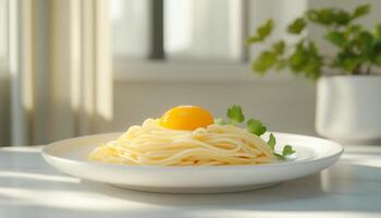 Noodle and egg yolk preparing cook on white plate for simple breakfast photo
