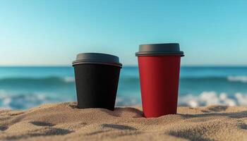 Red an black matte paper or plastic cup blank mockup on beach sand with ocean water background photo