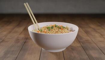 Delicious noodle with egg with chopsticks on ceramic bowl in wooden floor photo