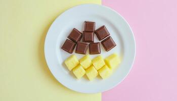 Pineapple cube slice covered by chocolate on white plate pink background photo