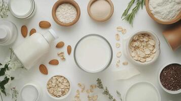 Various vegan lactose free milk healthy drink for breakfast flat lay view photo