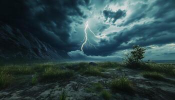 Lightning strike from dark cloud sky, electrical energy splashing photo