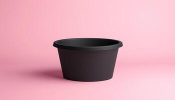 Blank black paper bowl disposable for packaging brand name for delivery container on pink background photo