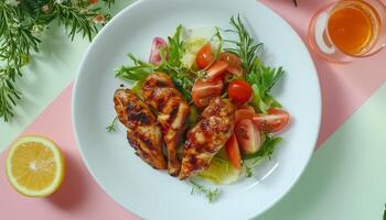 Chicken fajitas with tomato slice and rosemary on white plate photo