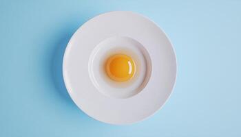Chicken eggs un cooking on white ceramic plate in solid blue background photo