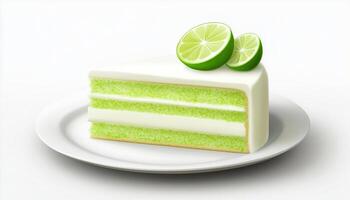 Lime citrus fresh fruit layered cake with white cream and green sponge bake on plate photo