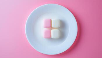 Marshmallow cubes on white plate on pink solid background photo